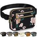 Capolo Fanny Packs for Women 4 Zip Pocket Crossbody Belt Bag Waist Bags - color: Black Flower, size: Medium