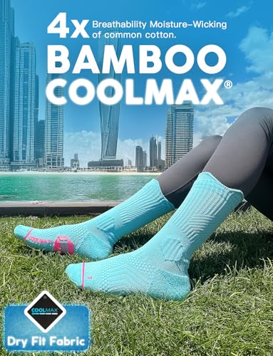 Juclise Women's Compression Crew Running & Hiking Socks, 3 Pairs, Cushioned - color: Aqua, size: Medium