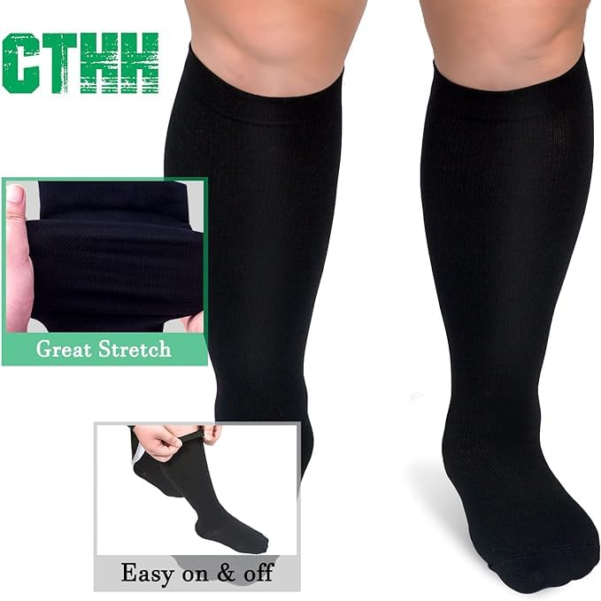 CTHH Wide Calf Compression Socks for Women Men Plus Size Knee High Stocking - color: White/Black/Dark Gray, size: Large-X-Large