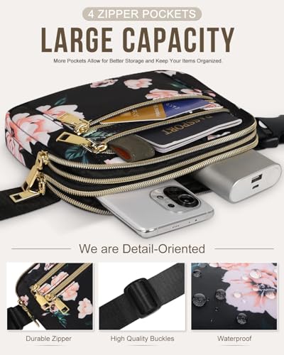 Capolo Fanny Packs for Women 4 Zip Pocket Crossbody Belt Bag Waist Bags - color: Black Flower, size: Large