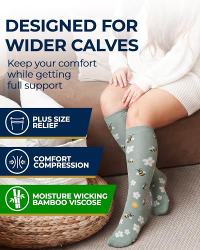 Pembrook® 3 Pairs Plus Size Compression Socks Wide Calf - Bamboo Viscose - color: Flowers & Bees - 3 Pairs, size: XX-Large
