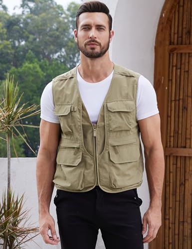 Gihuo Mens Fishing vest for Safari Utility Cargo with Pockets - color: Khaki, size: Small