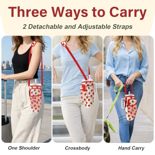 Water Bottle Carrier Bag for Stanley Cup 40/30oz, Neoprene Water Bottle Holder Pouch with 3 Pocket Adjustable Shoulder & Hand Strap - color: Cute Strawberry