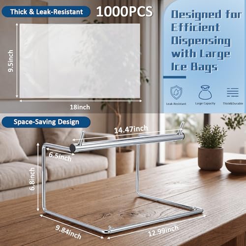 Fulmoon Ice Bag Bulk with Metal Dispenser, 2 Pack-Total 1000 Pcs 9.5" x 18" Ice Bag for Injuries with Durable Metal Rack, Tear-Resistant & Leak-Proof, Quick Cooling Solution for Sports, Home & Gym