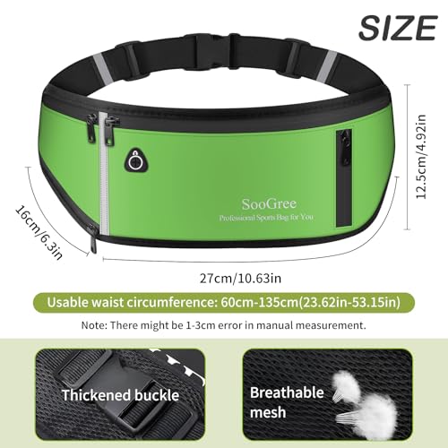 SooGree Fanny Packs for Women Men Slim Running Belt Waist Pack Runners Bag Waterproof Money Belt Phone Holder for Sports Hiking Traveling Walking Reflective Strip Adjustable Strap - color: Green, size: 1191