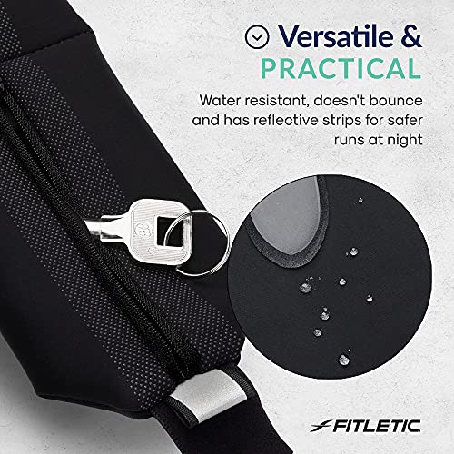 Fitletic Bolt Double Pocket Running Belt & Active Fanny Pack For Men & Women – Water Resistant, Lightweight Sleek Design – Patented No Bounce Hip Hugging Fit – Holds Any Phone - color: Black