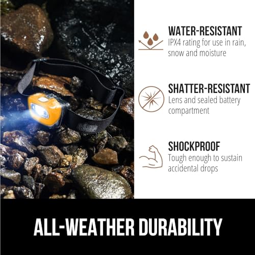 GORILLA GRIP Ultra Bright High Lumens LED Head Lamp, 7 Light Modes Water Resistant IPX4 Headlamp, Adjustable Headband, Battery Powered Outdoor Running, Camping Forehead Flashlight Lamps, 1 Pack Orange
