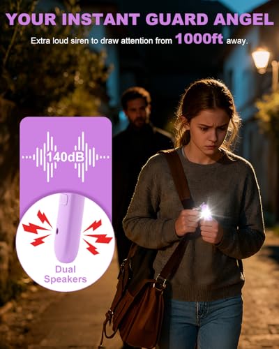 Personal Safety Alarm for Women - Waterproof Rechargeable Security Alarm - 140dB Extra Loud Siren with SOS Strobe Light - Self Defense Keychain for Women Girls Teens Seniors - color: Purple