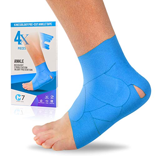 M7 Sport Kinesiology Ankle Tape for Ankle Sprain and Injury Recovery, Pain Relief Therapeutic Tape, Ankle Brace Compression Support, Plantar Fasciitis, Waterproof, Eases Swelling (Blue, 4-Pack) - color: Blue