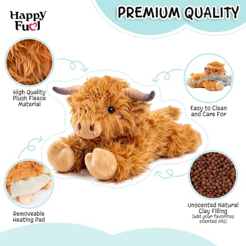 Highland Cow Microwavable Stuffed Animal – 1.5 lb Unscented Heating Pad Plush, Soft Cozy Cute Cow Toy for Relaxation and Comfort, Gift for Women, Girls, Adults & Kids by Happy Fuel - color: Brown Highland Cow (Lying Down)