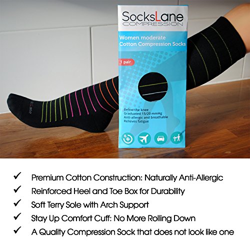 SocksLane Cotton Compression Socks, 15–20 mmHg Graduated Support, Knee-High Medical Compression (Nude Stripes S/M) - color: Nude Stripes, size: Small/Medium (1 Pair)