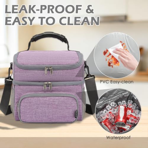 FlowFly Double Layer Cooler Insulated Lunch Bag Adult Lunch Box Large Tote Bag for Men, Women, With Adjustable Strap,Front Pocket and Dual Large Mesh Side Pockets - color: Purple