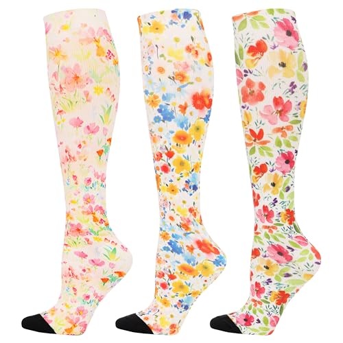 LEVSOX Compression Socks Women and Men, 20-30mmHg, Best for Nurses, Travel, Pregnancy - color: 3 Pairs Flower, size: Small