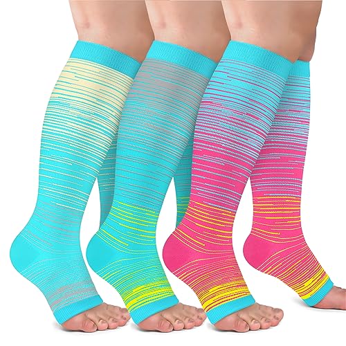 CTHH Toeless Compression Socks for Women & Men Open Toe Knee High Stocking - color: Yellow/Blue/Pink, size: Small-Medium