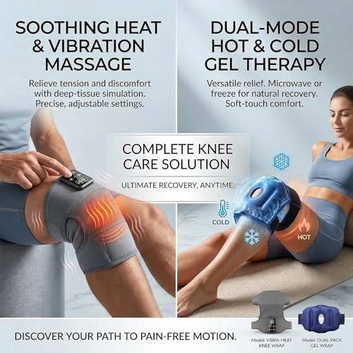Knee Massager for Pain Relief with Heat, Heated Knee Brace Wrap, Cordless Knee Massager with 5 Heat Levels & 3 Vibration Modes, for Knee Shoulder Elbow, Hot & Cold Gel Pack, Gift for Mom Women Men
