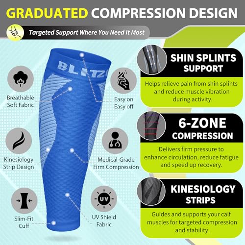 BLITZU Calf Compression Sleeves, Footless Compression Socks for Men & Women - color: Blue, size: Large/X-Large