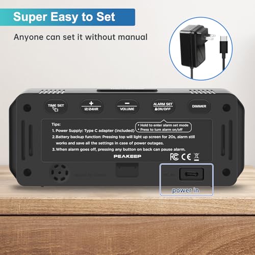 Peakeep Small Digital Alarm Clock for Bedroom, Large Number, Battery Backup - color: Blue Digits (Plug-in, Ultra-compact)