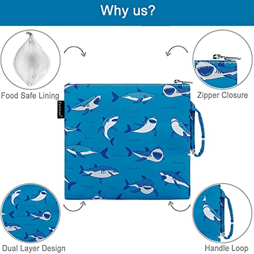 Fammart Reusable Sandwich Bag/Snack Bag for Kids & Adults, Dual Layer Lunch Bag with Handle, Cosmetic Bag Makeup Travel Bag for Women Girls, Washable, Food Safe, BPA Free (1-Pack, Shark) - color: Large, 1 Pack - Shark