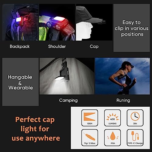 LED Hat Clip Light 400 Lumen Rechargeable Clip on Cap Lights with Motion Sensor, 180° Adjustable Hands Free Hat Flashlight Headlamp for Camping, Fishing, Hiking, Running
