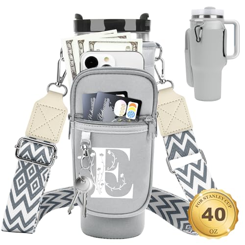Initial Water Bottle Holder with Strap for Stanley Cup 40 oz Tumbler - color: Gray, style: E