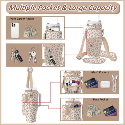 Water Bottle Carrier Bag for Stanley 40/30oz Cup Tumbler with Phone Pocket,Insulated Crossbody Water Bottle Holder with Adjustable Strap,Water Bottle Sling Pouch for Hiking Walking Camping Accessories - color: Leopard Grace Brown