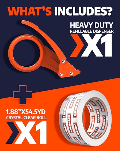 Clear Packing Tape with Dispenser 1.88 inch - Metal Strong & Durable Heavy Duty Packing Tape with Dispenser - Strong Strapping Tape with Dispenser Easy Tear & Seal - 1 Roll / 1 Dispenser / 54.5 Yards - size: 54.5 yd