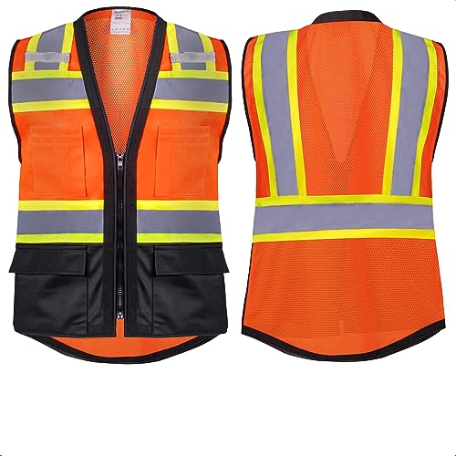 ProtectX High Visibility ANSI Class 2 Safety Vest with 6 Pockets - color: Neon Orange - Mesh Fabric, size: X-Large