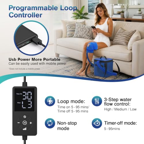 Cold Therapy Machine for Knee Recovery, Programmable Ice Therapy System with USB Compatible Power, Knee-Specific Therapy Pad for Replacement & ACL Recovery, Post-Surgery Care, Adjustable Wrap