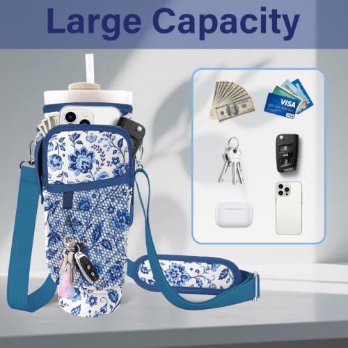Water Bottle Carrier Bag for Stanley Cup 40/30oz, Neoprene Water Bottle Holder Pouch with 3 Pocket Adjustable Shoulder & Hand Strap - color: Blue Chinoiserie Floral