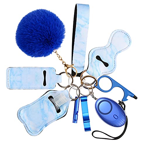AMIR Safety Keychain Set for Women and Kids, 10 Pcs Safety Keychain Accessories with Sound Personal Alarm, Whistle and Pom - color: Blue