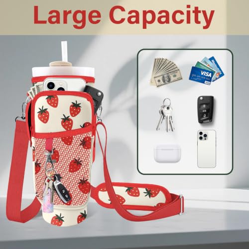 Water Bottle Carrier Bag for Stanley Cup 40/30oz, Neoprene Water Bottle Holder Pouch with 3 Pocket Adjustable Shoulder & Hand Strap - color: Cute Strawberry