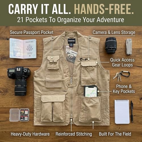 Humvee Utility Vest with 21 Pockets -Travel, Safari, Hunting, Camping, 100% Cotton, Tactical Jacket for Men & Women - color: Khaki, size: Small