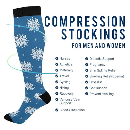 Snowflake Red Christmas Compression Sock for Women Men Funny Support Knee High Socks Running,Nurses,Travel - color: Blue White Snowflake