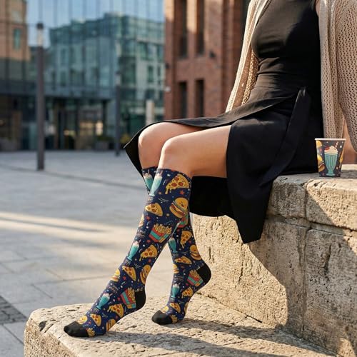 Compression Socks Knee High Support Stockings Women Men - color: Hamburger Pizza Cartoon