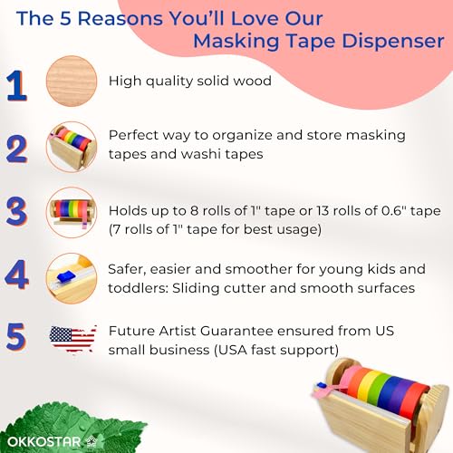 Wood Masking Tape Holder, Kids Tape Dispenser, Craft Tape Dispenser, Multi Roll Tape Dispenser for Kids, Washi Tape Dispenser, Multi Tape Dispenser (Sliding Cutter) *Masking Tape NOT Included
