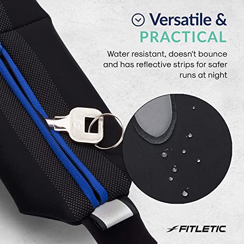 Fitletic Bolt Double Pocket Running Belt & Active Fanny Pack For Men & Women – Water Resistant, Lightweight Sleek Design – Patented No Bounce Hip Hugging Fit – Holds Any Phone - color: Black & Blue