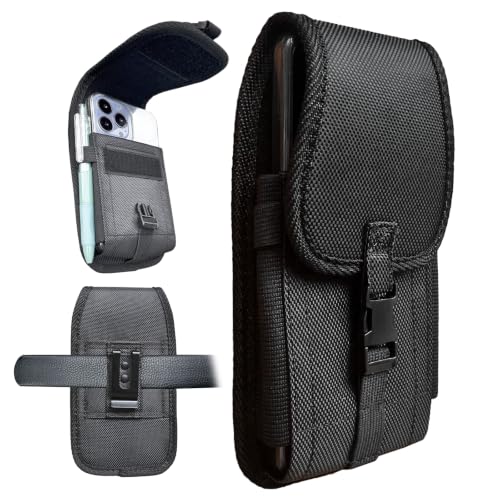 Heavy Duty Phone Holster for Men, Belt Clip Tactical Phone Holder, Nylon Cell Phone Pouch with Buckle and Hook/Loop Closure, Universal Fit for iPhone 17 16 15 14 Pro Max Plus, Galaxy S26 S25 Ultra - color: Black-Vertical