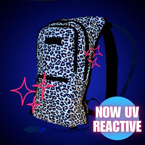 Kandies World Reflective Festival Hydration Pack - 2L Hydropack for Raves, Hiking, Biking, Running, and More (with Anti-Theft Pocket) - style: Cheetah