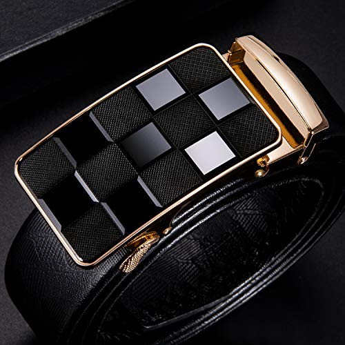 Dubulle Ratchet Belt for Men Leather Adjustable Designer Fashion Buckle - color: A-blackplaid Belt, size: Adjustable Fit 44" to 53" Waist