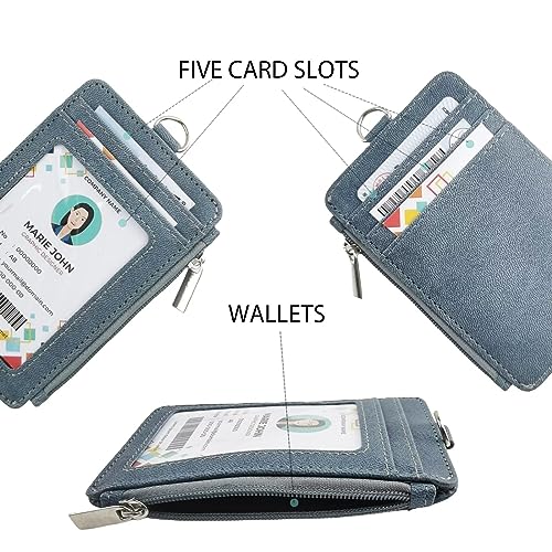 Blue Lanyard Wallet for ID Badges with Long Neck Lanyards and Wristlet Strap, Vertical PU Leather Badge Holder Case with Zipper Pocket for Offices ID, School ID, Driver Licence - color: Blue