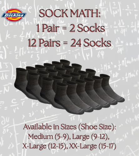 Dickies Men's Dri-Tech Moisture Control Quarter Socks, Available in M-XXL (6, 12, 18 Pairs) - color: Charcoal (12 Pairs), size: Medium