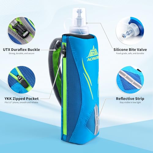 Geila Handheld Water Bottle for Running, 17 oz Grip Handheld Bottle with Hand Strap Hydration Pack, Sport Soft Flask - color: Blue+500ML Soft Flask