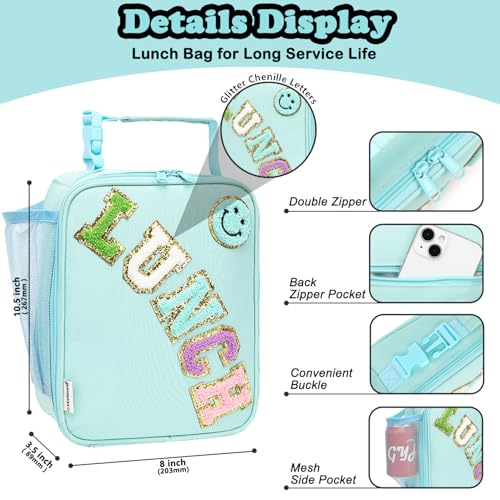 FlowFly Lunch box Insulated Soft Bag Mini Cooler Back to School Thermal Meal Tote Kit With Buckle and Mesh Side Pocket for Girls, Boys, GreenWithLetter - color: GreenWithLetter