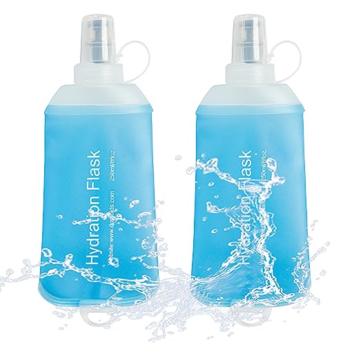 J.CARP 2Pcs 250ml Soft Flask Running Water Bottles, TPU Foldable Running Hydration Flask for Hydration Pack Cycling Hiking Climbing Outdoors Motorbike - color: Blue-2Pcs, 250ml