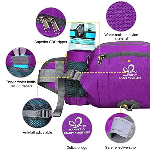 WATERFLY Fanny Pack Waist Bag: Fannie Pack 2 Water Bottle Holders Lumbar Belt Hiking Walking Running Jogging Camping Large Woman Man (Bottle Not Included) - color: Purple