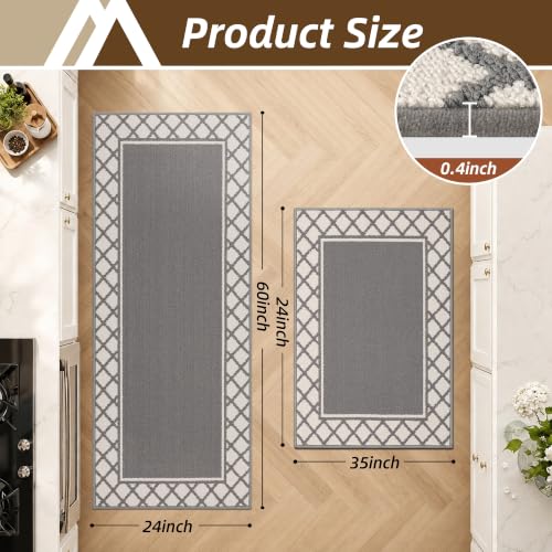 COSY HOMEER Washable Kitchen Rugs Sets of 2 Non-Slip Kitchen Mats,Grey - color: Grey, size: 24"x35" + 24"x60"