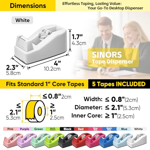 2-Pack Compact Desktop Tape Dispenser with 5 Rolls 3/4" Tape, White - color: White