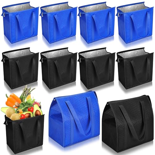 10 Pack Large 18L Insulated Grocery Bag Bulk Zippered, Blue, Black - color: Blue and Black