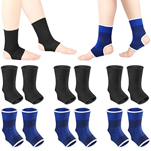 Loopeer 6 Pairs Kid Compression Ankle Brace Knitted Breathable Ankle Support Sleeve Socks Plantar Fasciitis Braces for Girls Boys Kids Sprained Running Fitness, Blue and Black
