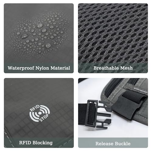 FuninCrea Waterproof Hidden Money Belt for Travel, Anti-Theft Belt Bag with RFID Blocking Function Adjustable Slim Waist Bag with 2 Zipper Pockets & 1 Back Pocket for Travel Running (B, Deep Grey) - color: B, Deep Grey